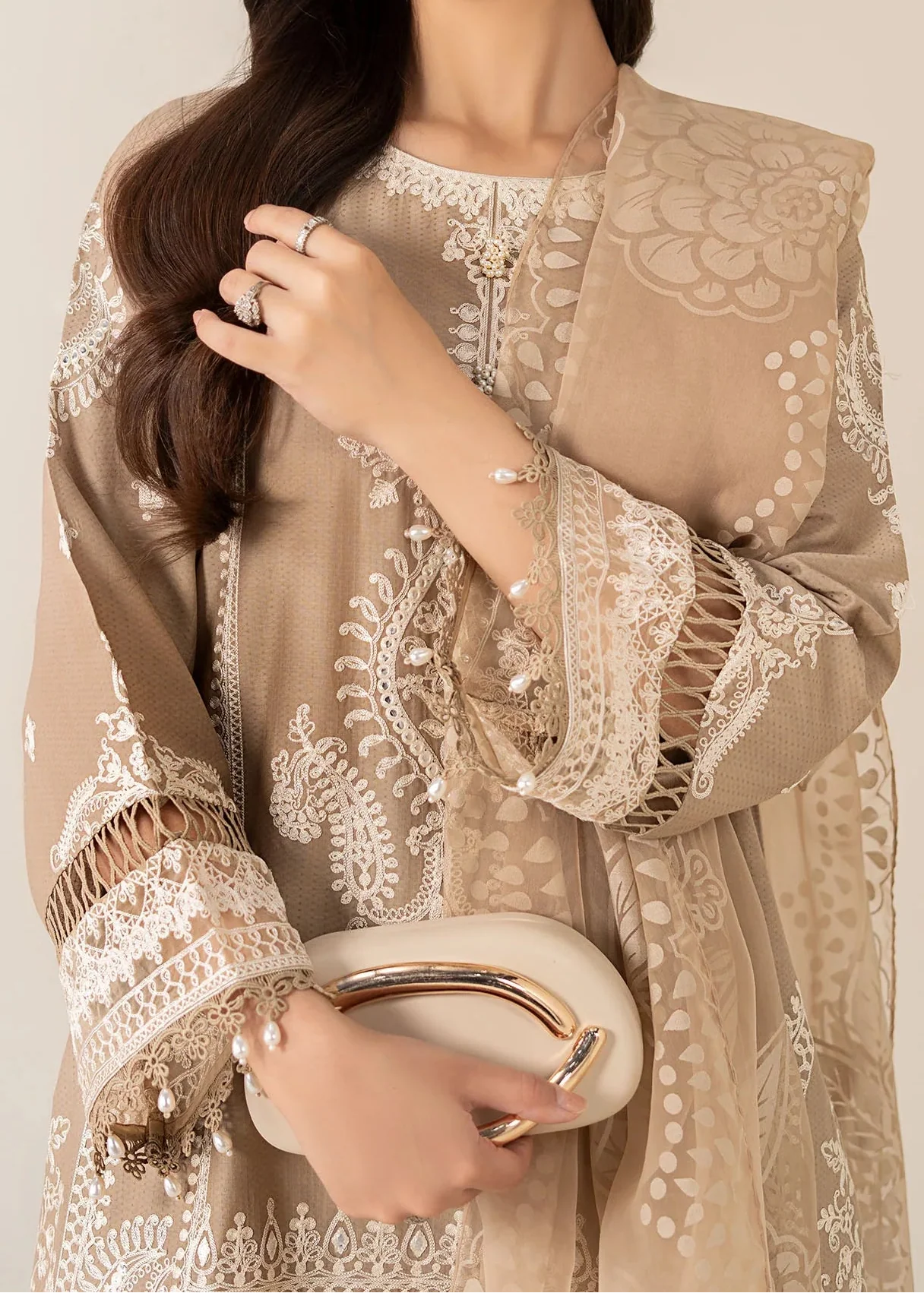 Grace Z-(W854) - Stitched Embroidered 3pc Marina Dress With Printed Organza Dupatta.