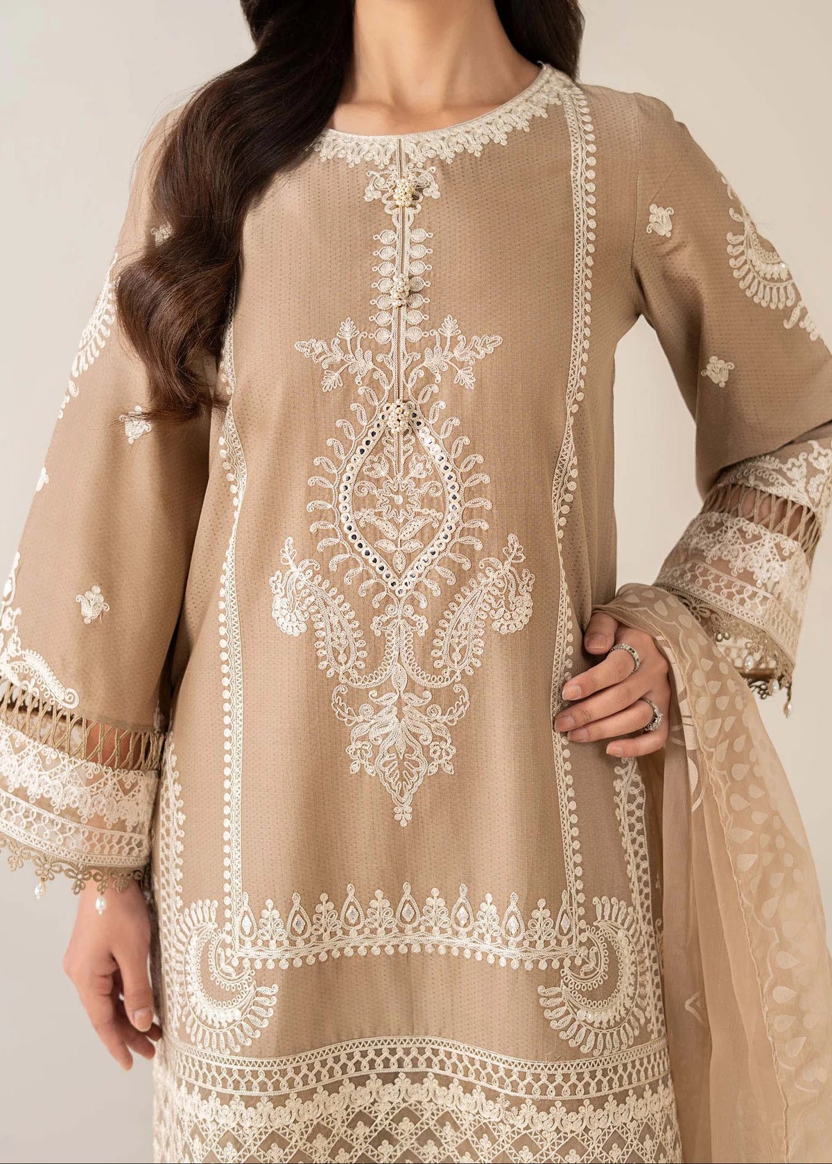 Grace Z-(W854) - Stitched Embroidered 3pc Marina Dress With Printed Organza Dupatta.