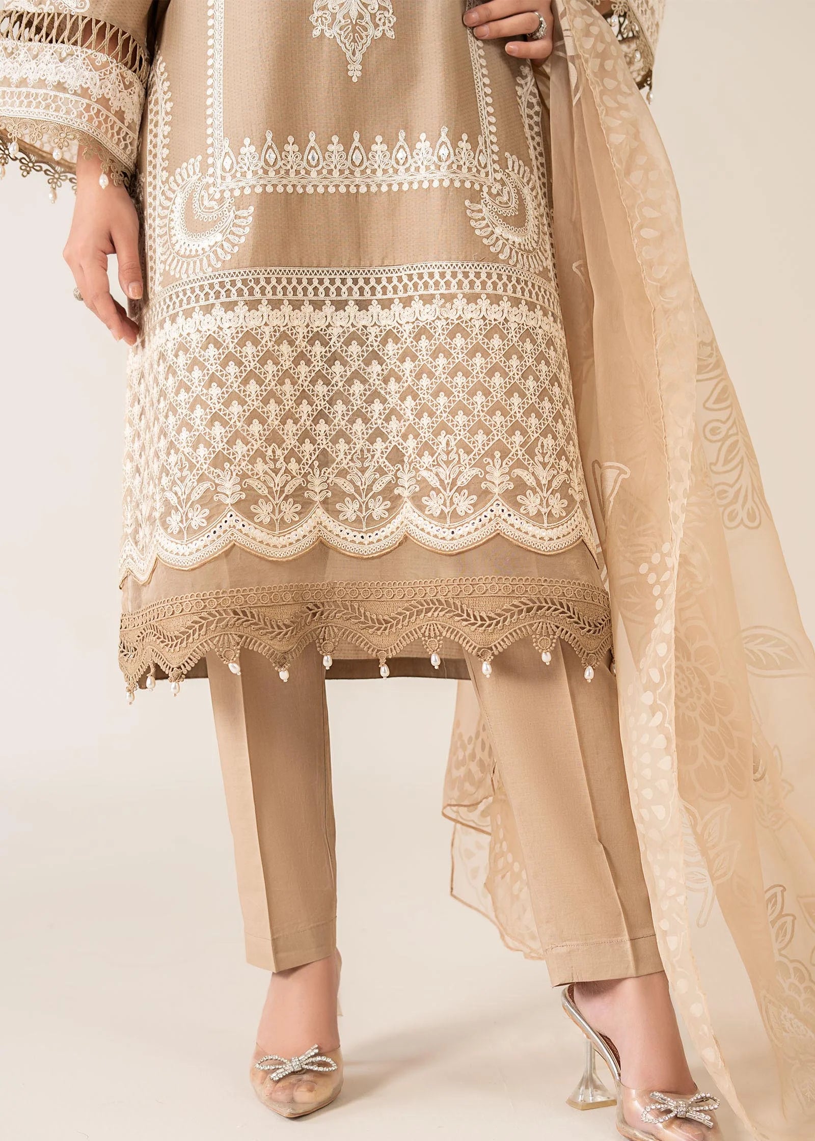 Grace Z-(W854) - Stitched Embroidered 3pc Marina Dress With Printed Organza Dupatta.