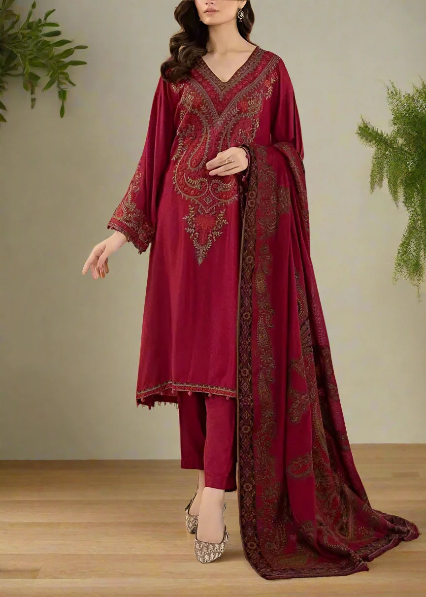 Grace W558-Embroidered 3pc marina dress with Printed shawl.