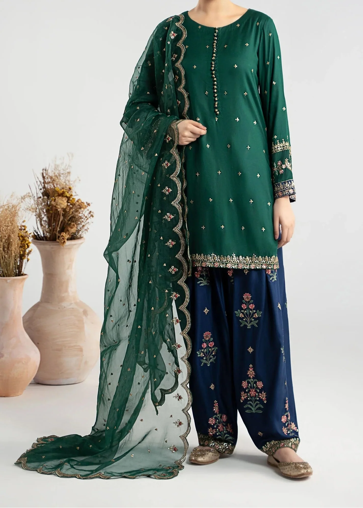 Grace Z-(W885) - Stitched Embroidered 3pc Marina Dress With Embroidered Organza Dupatta.