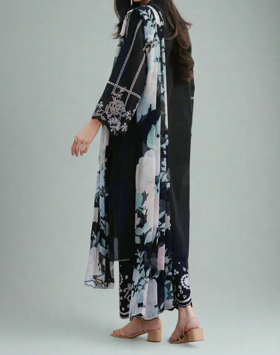Grace Z-(W740) - Stitched Embroidered 3pc Marina Dress With Printed Shawl.