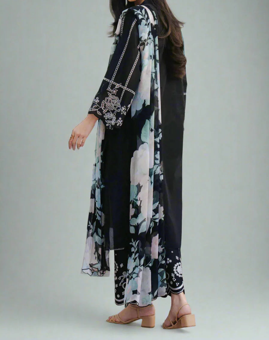 Grace W740-Embroidered 3pc Marina Dress With Printed Shawl.