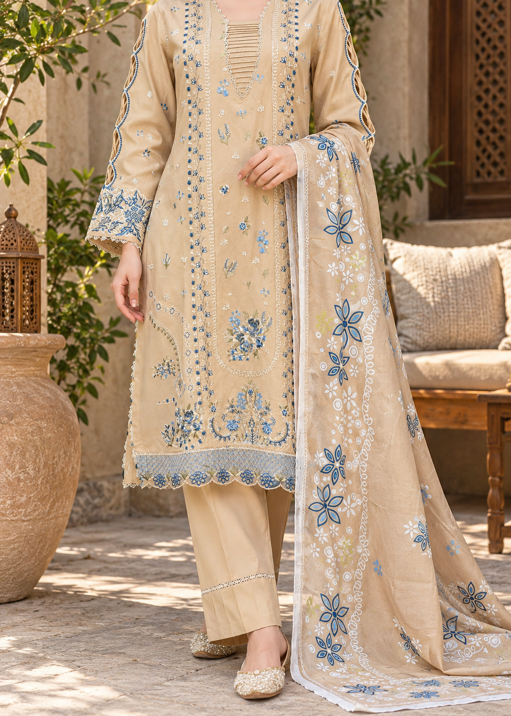 Grace W1053 - Embroidered 3pc Marina Dress With Printed Shawl.