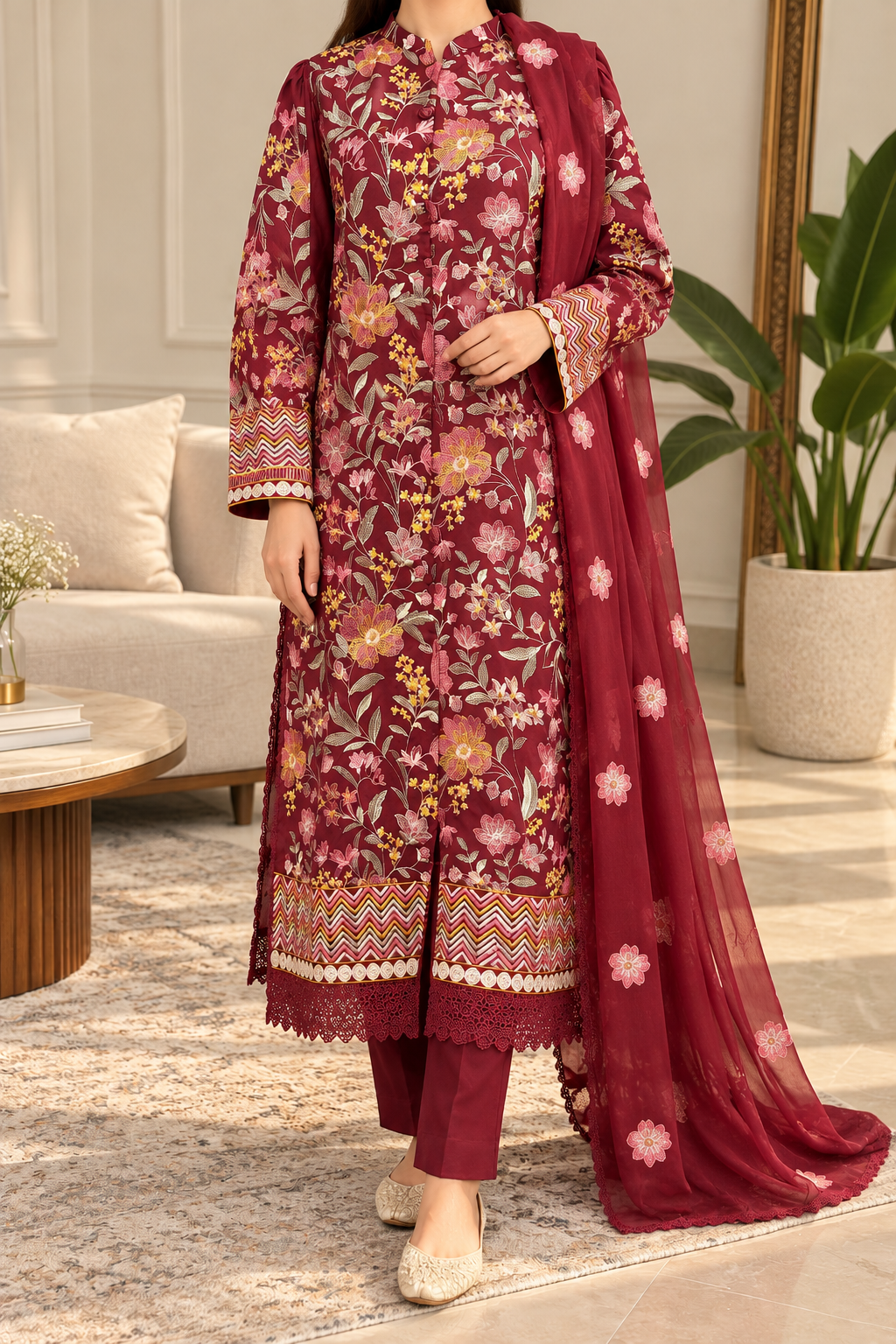 Grace W1045 - Embroidered 3pc Marina Dress With Embroidered Chiffon Dupatta.