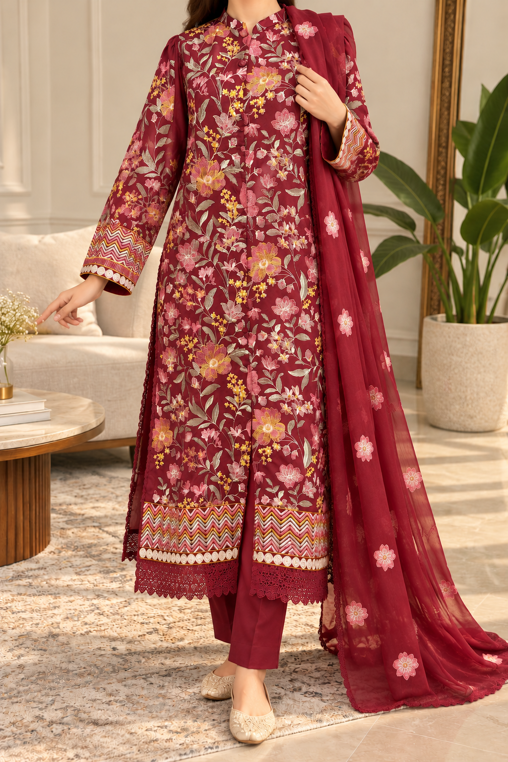 Grace W1045 - Embroidered 3pc Marina Dress With Embroidered Chiffon Dupatta.