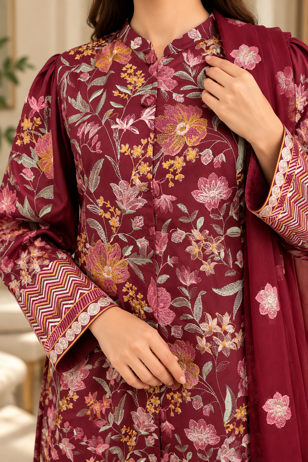Grace W1045 - Embroidered 3pc Marina Dress With Embroidered Chiffon Dupatta.