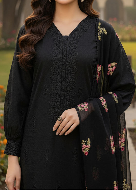 Grace Z-(W190) - Stitched Embroidered 3pc marina dress with Embroidered chiffon dupatta.