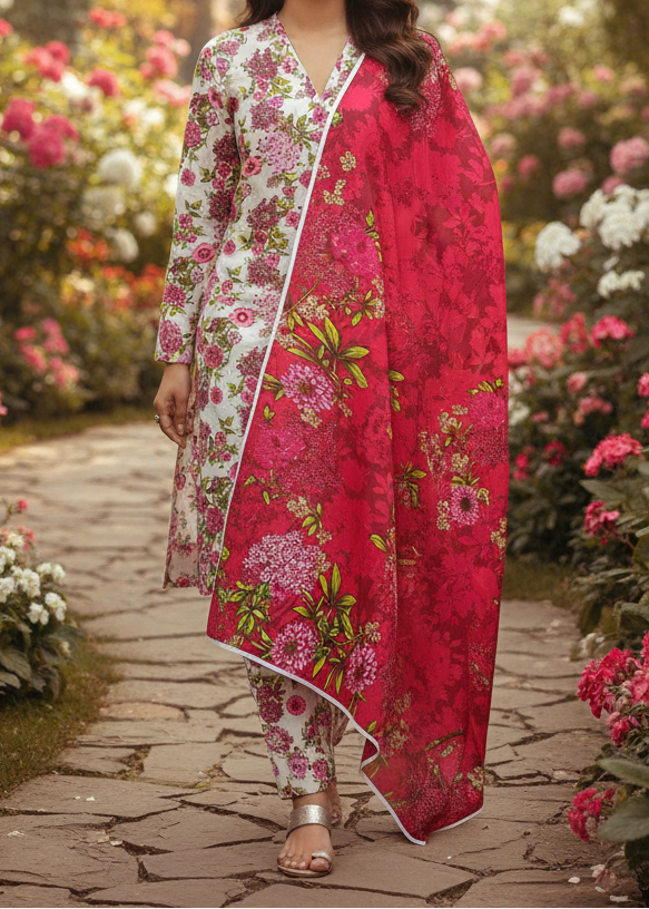 Grace W818 - Digital Printed 3pc Karandi Dress With Digital Printed Karandi Shawl.