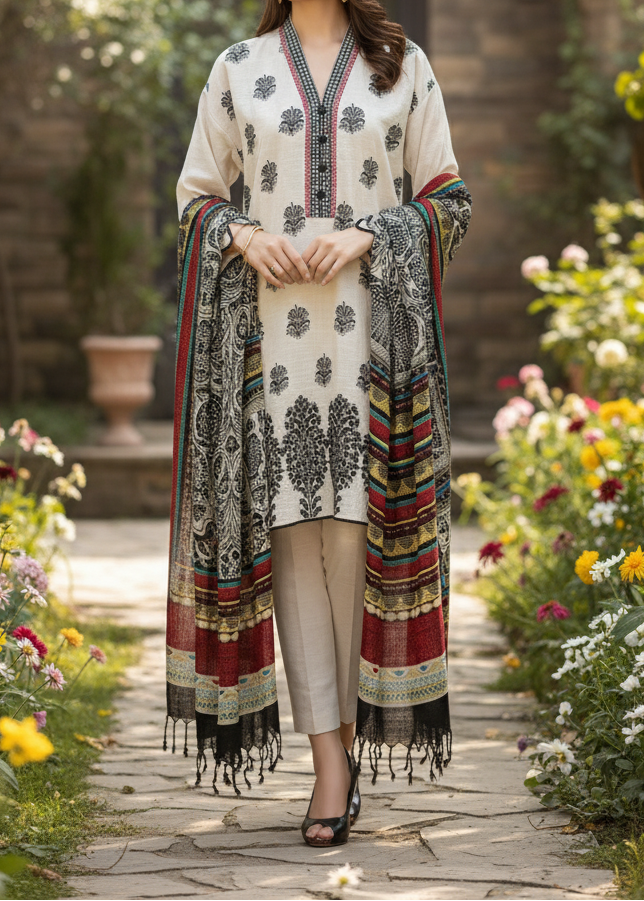 Grace W554-Embroidered 3pc khaddar dress With Printed shawl.