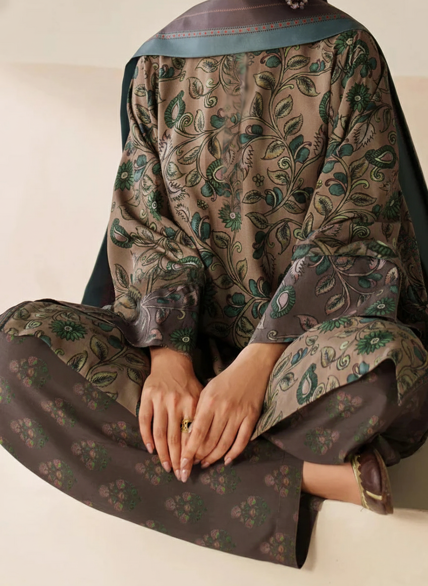 Grace Z-(W832) - Stitched Digital Printed 3pc Karandi Dress With Digital Printed Karandi Shawl.