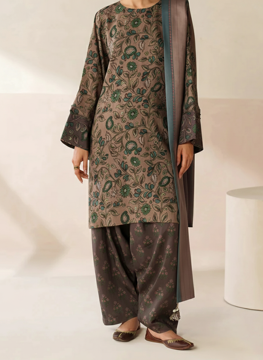 Grace Z-(W832) - Stitched Digital Printed 3pc Karandi Dress With Digital Printed Karandi Shawl.