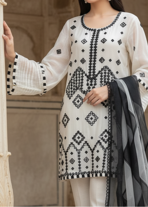 Grace S428-Embroidered 3pc organza dress with organza embroidered duppata.