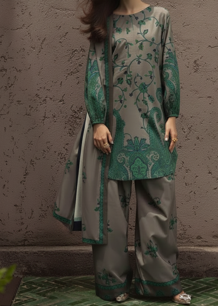 Grace W962 - Digital Printed 3pc Karandi Dress With Digital Printed Karandi Shawl.