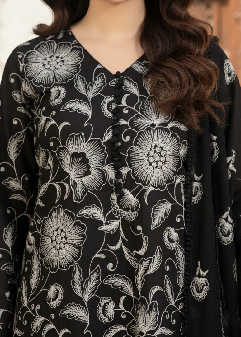 Grace Z-(W185 ) - Stitched Embroidered 3pc marina dress with embroidered chiffon dupatta