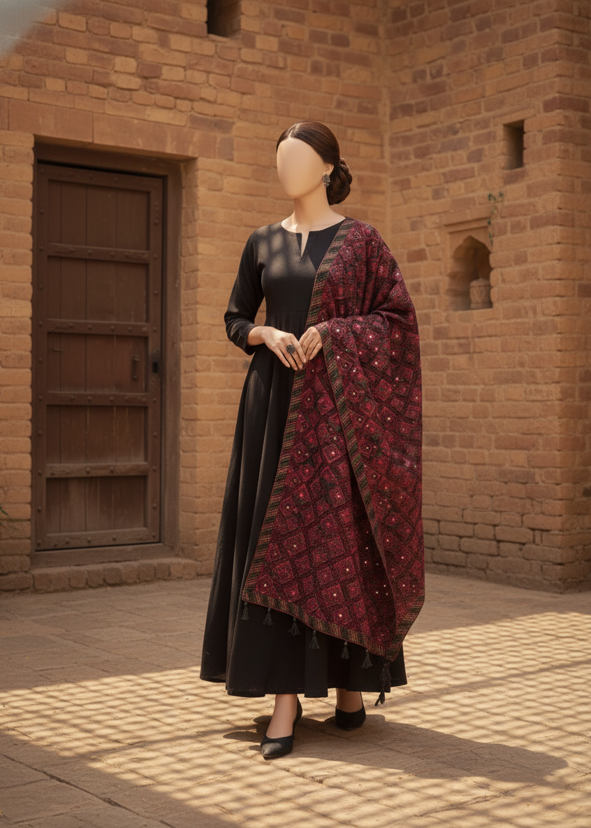 Sarinnah Premium D74-Luxury Formal Heavy Embroidered Karandi Shawl.