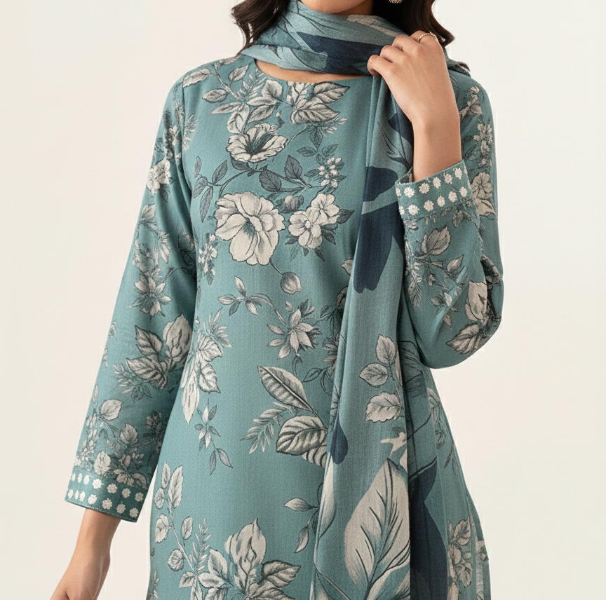 Grace W808 - Digital Printed 3pc Karandi Dress With Digital Printed Karandi Shawl.