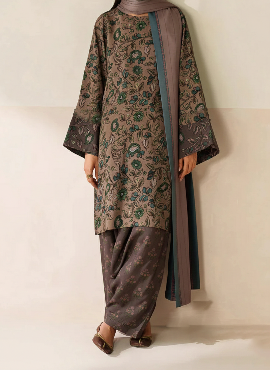 Grace Z-(W832) - Stitched Digital Printed 3pc Karandi Dress With Digital Printed Karandi Shawl.