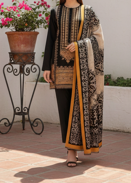 Grace W102 -Embroidered 3pc khaddar dress with printed shawl.