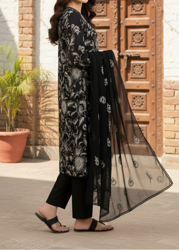 Grace Z-(W185 ) - Stitched Embroidered 3pc marina dress with embroidered chiffon dupatta