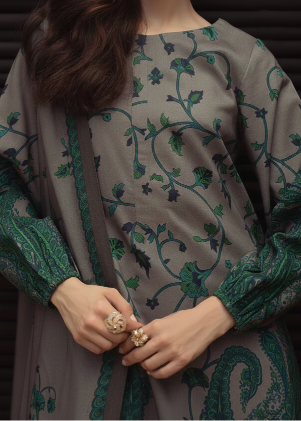 Grace W962 - Digital Printed 3pc Polyester Karandi Dress With Digital Printed Polyester Karandi Shawl.