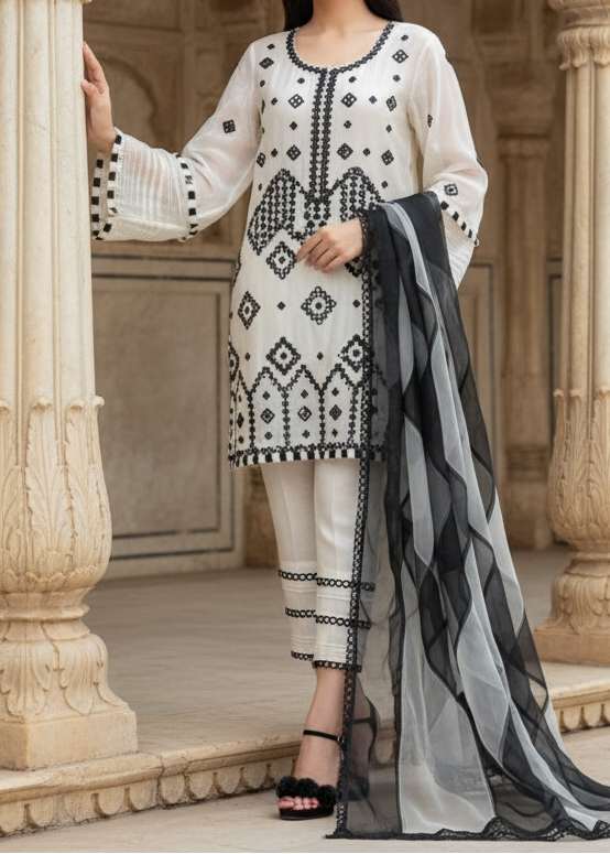 Grace S428-Embroidered 3pc organza dress with organza embroidered duppata.