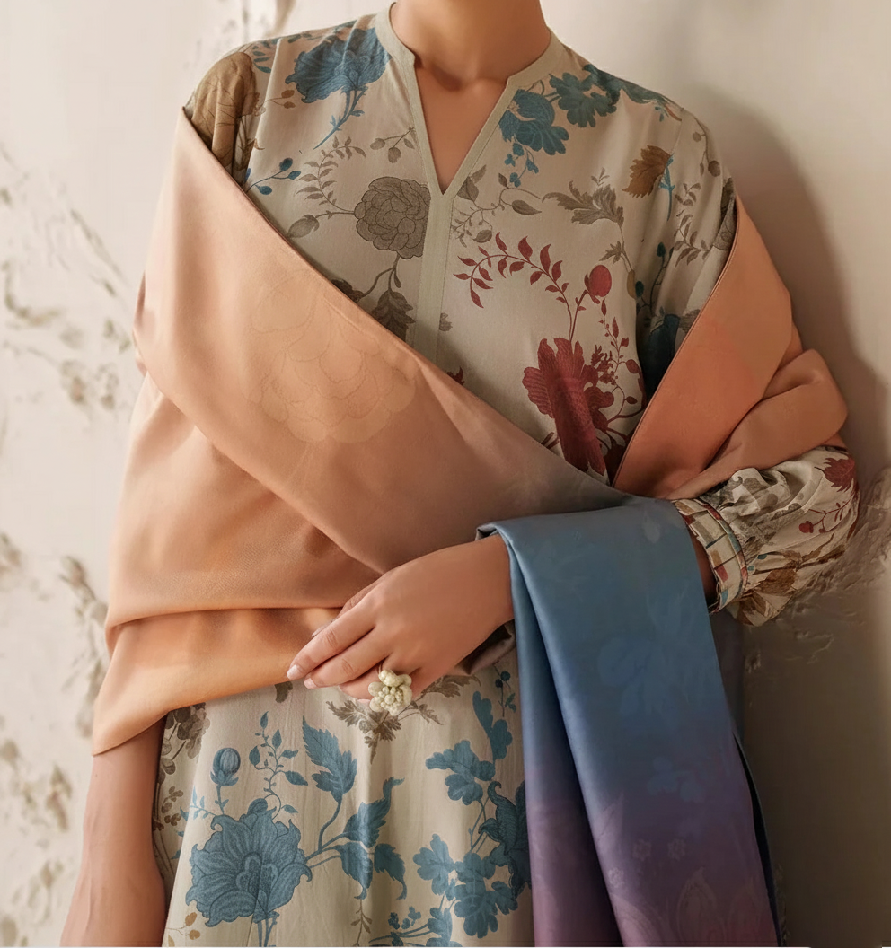 Grace Z-(W781 ) - Stitched Digital Printed 3pc Karandi Dress With Digital Printed Karandi Shawl.