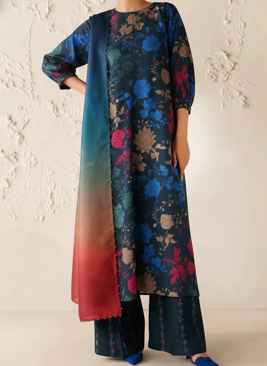 Grace W780 - Digital Printed 3pc Karandi Dress With Digital Printed Karandi Shawl.