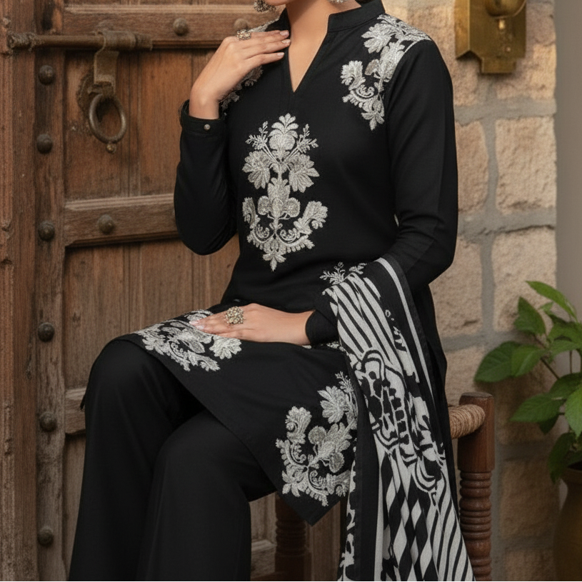 Grace W520-Embroidered 3pc khaddar dress With Printed shawl.