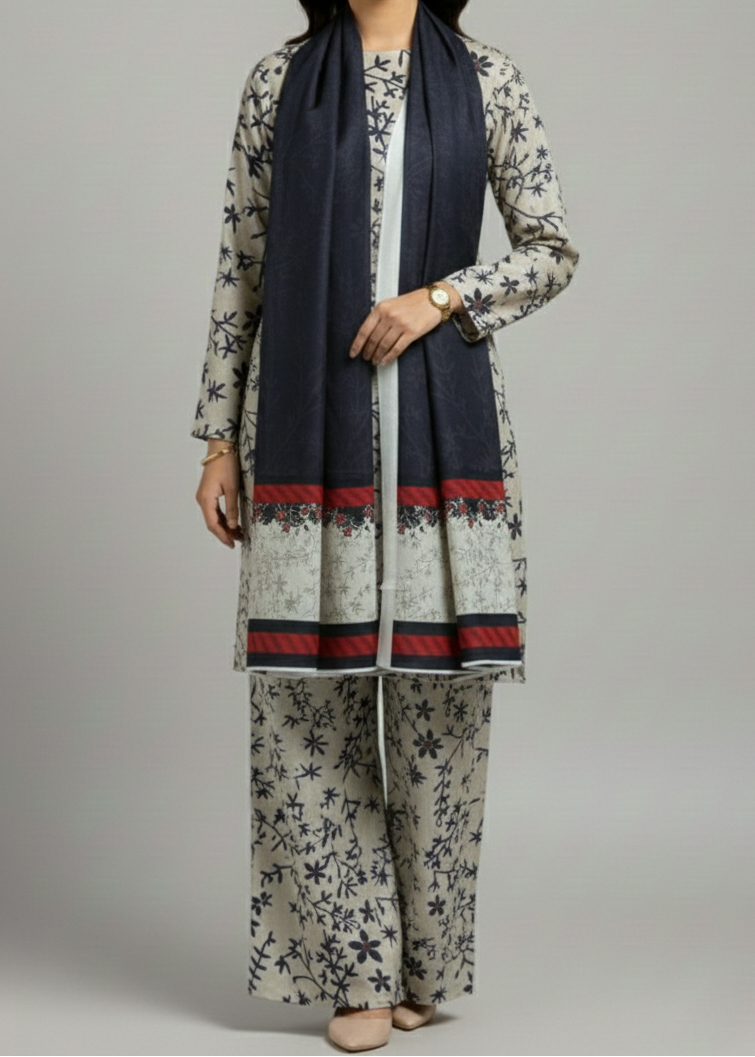 Grace W969 - Digital Printed 3pc Polyester Karandi Dress With Digital Printed Polyester Karandi Shawl.