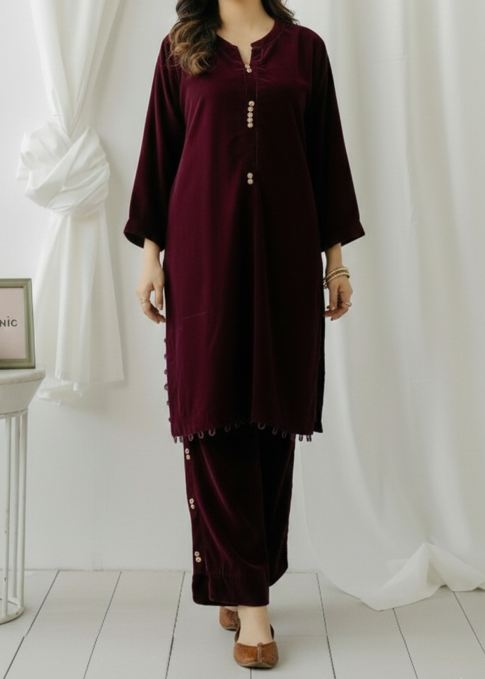 C-S 044- STITCHED 2PC VELVET CO-ORD SET.