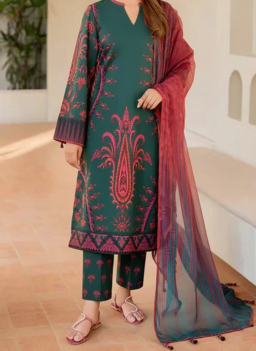Grace W811 - Digital Printed 3pc Karandi Dress With Digital Printed Karandi Shawl.