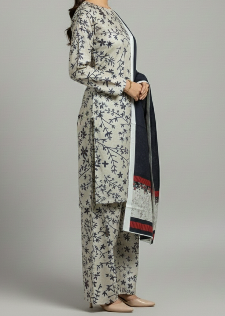 Grace W969 - Digital Printed 3pc Polyester Karandi Dress With Digital Printed Polyester Karandi Shawl.