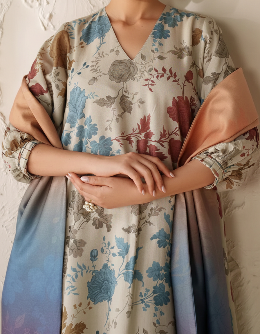 Grace Z-(W781 ) - Stitched Digital Printed 3pc Karandi Dress With Digital Printed Karandi Shawl.