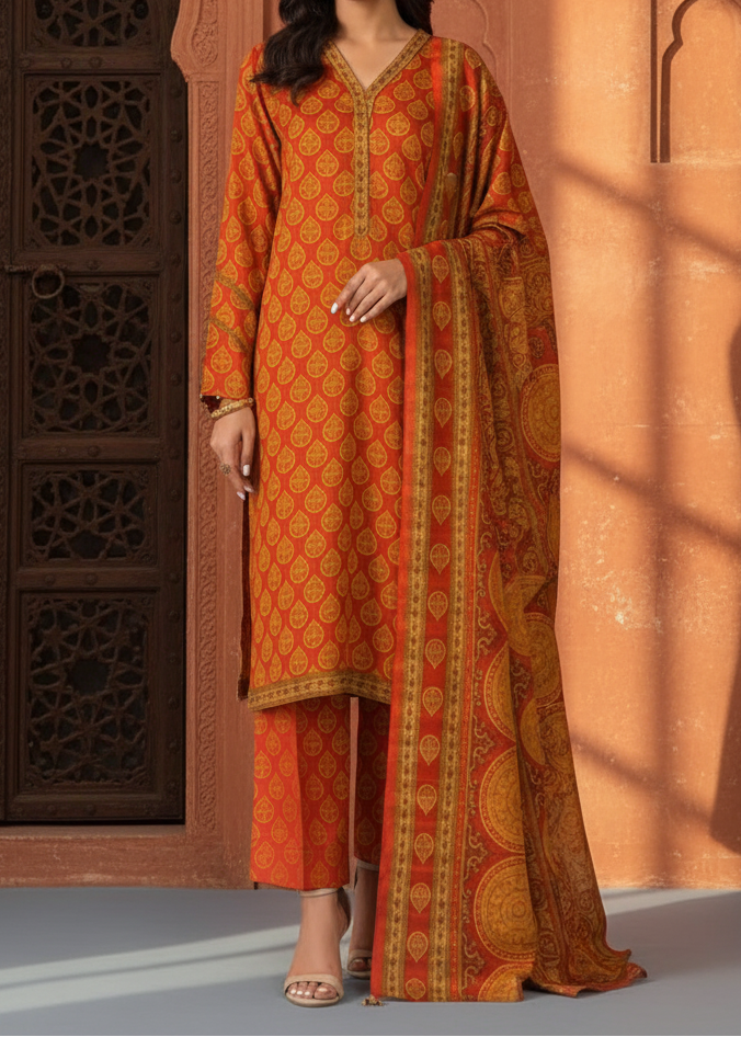 Grace W227-Printed 3pc khaddar dress With Printed khaddar shwal.
