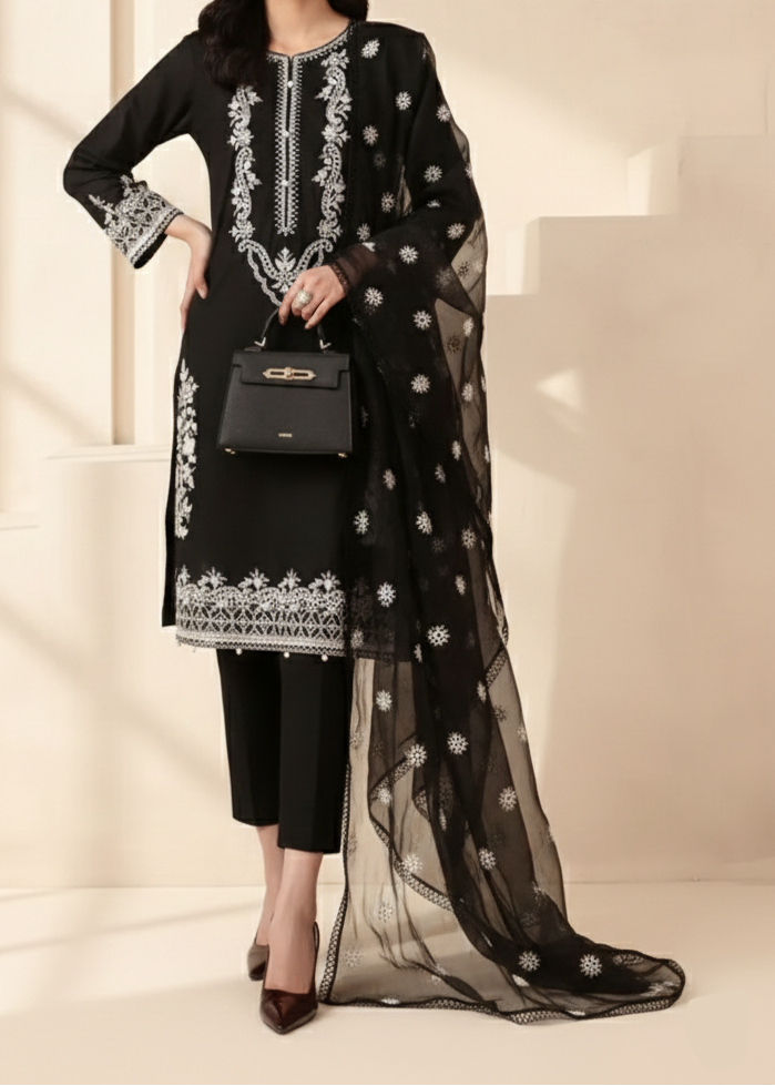 Grace Z-(W903) - Stitched Embroidered 3pc Marina Dress With Embroidered Chiffon Dupatta.