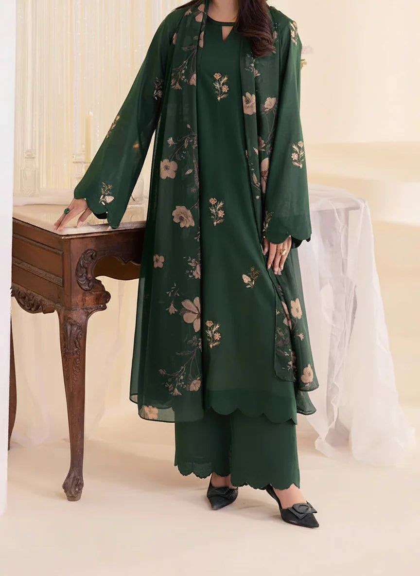 Grace Z-(W829) - Stitched Embroidered 3pc Marina Dress With Printed Shawl.