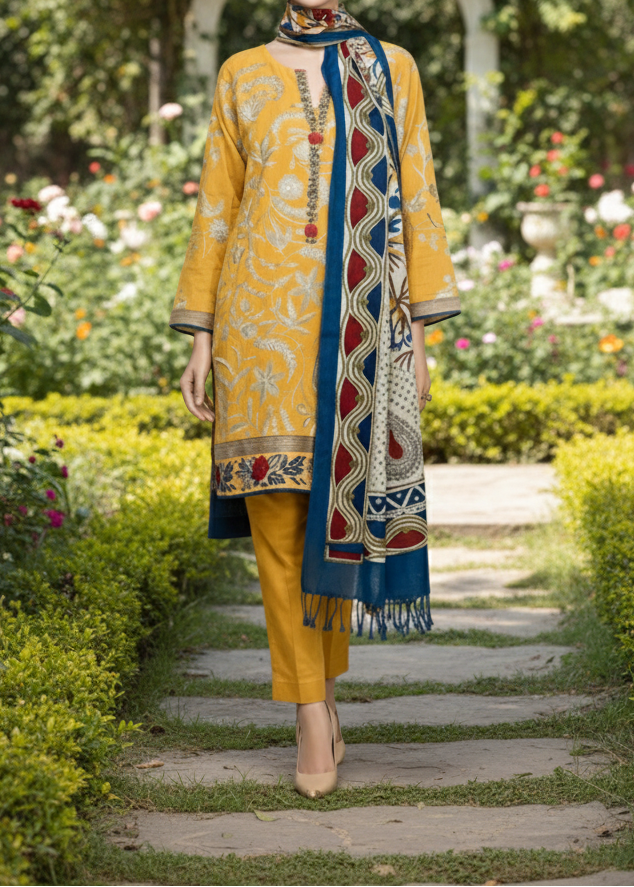 Grace W538-Embroidered 3pc khaddar dress With Printed shawl.