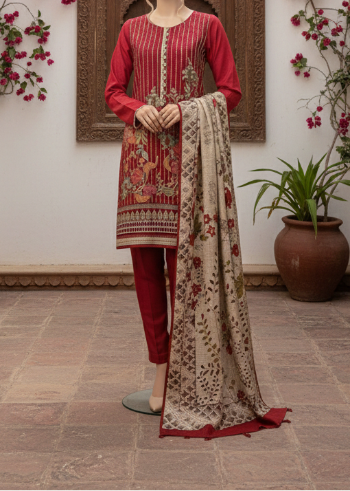 Grace W534-Embroidered 3pc khaddar dress With Printed shawl.