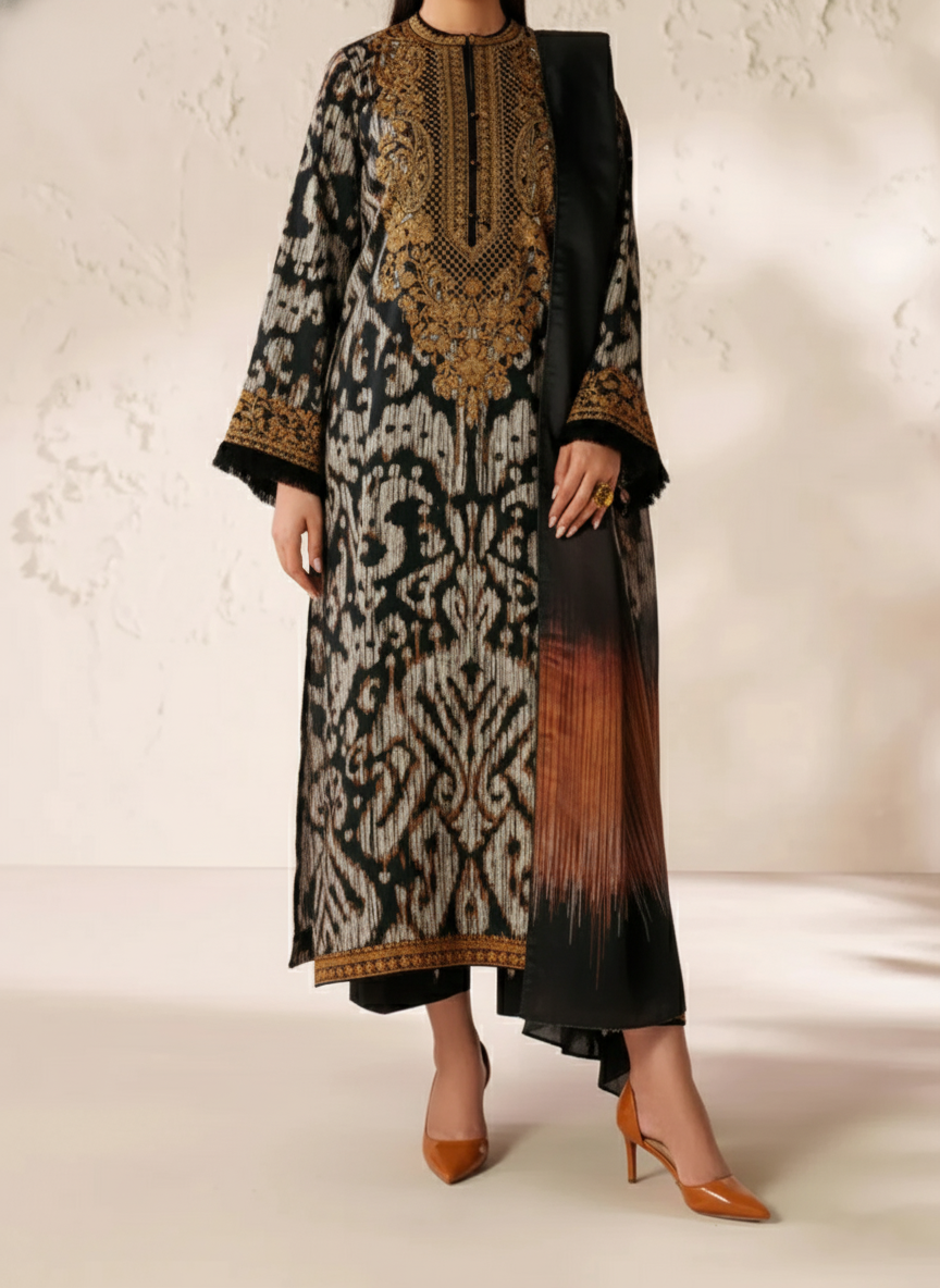 Grace Z-(W762 ) - Stitched Printed & Embroidered 3pc Karandi Dress With Printed Karandi Shawl.