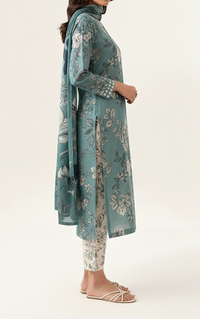 Grace W808 - Digital Printed 3pc Karandi Dress With Digital Printed Karandi Shawl.