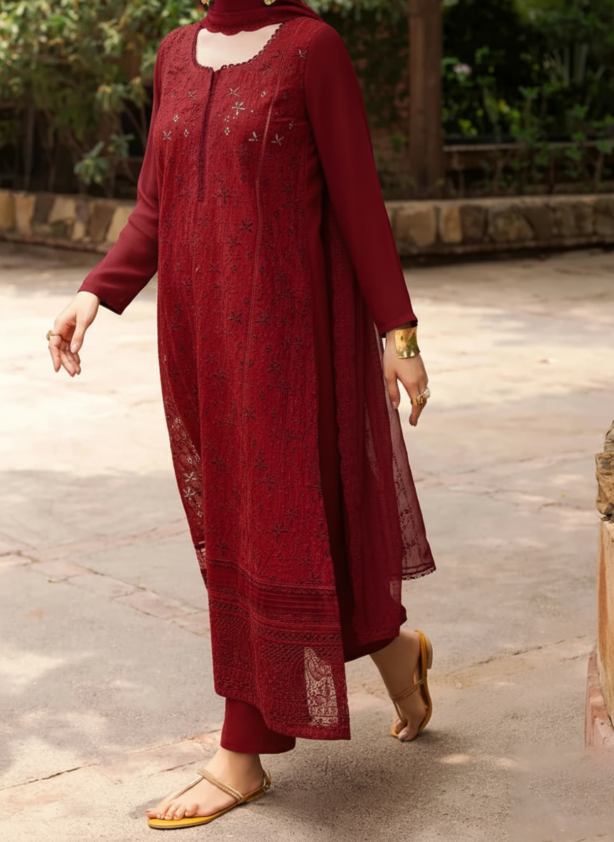 Grace W863-Embroidered 3pc Chikankari Marina Dress With Embroidered Chikankari Chiffon Dupatta.