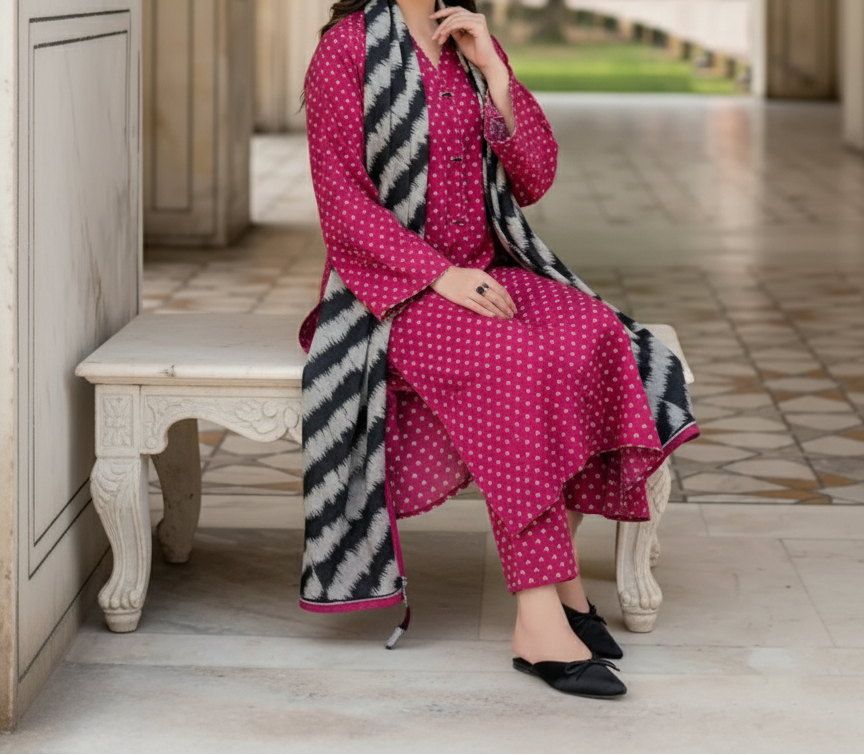 Grace W838 - Digital Printed 3pc Karandi Dress With Digital Printed Karandi Shawl.