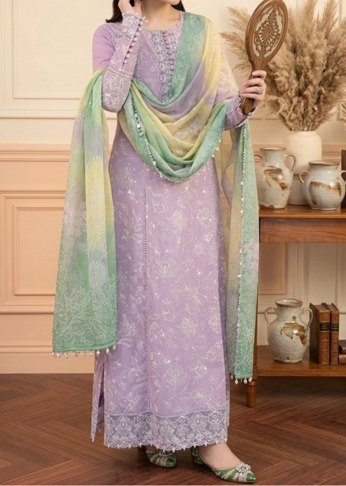 Grace W1043 - Embroidered 3pc Marina Dress With Printed Shawl.