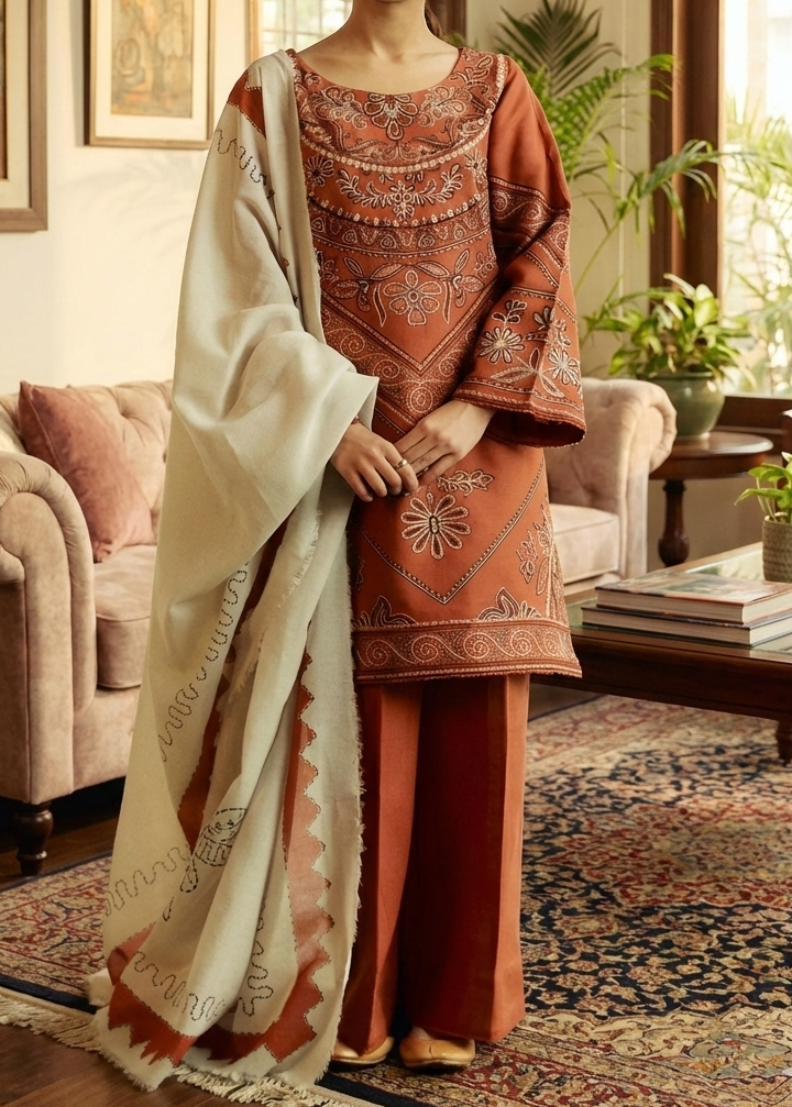 Grace Z-(W601)- Stitched Embroidered 3pc Linen Dress with Printed Shawl.