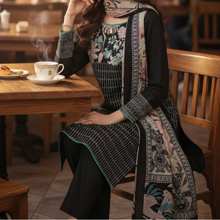 Grace W537-Embroidered 3pc khaddar dress With Printed shawl.