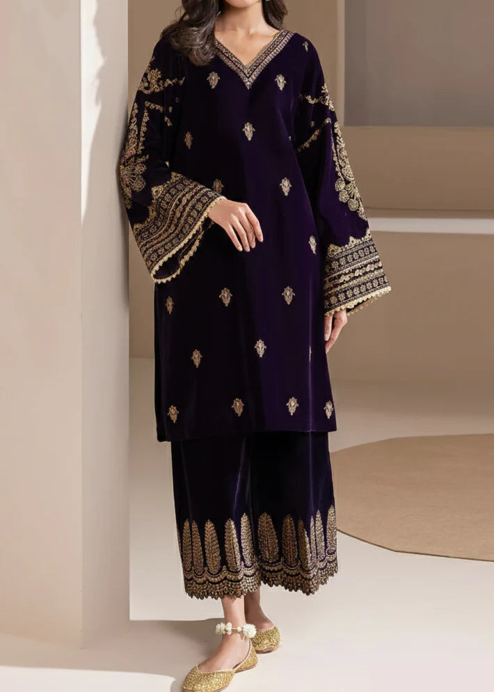 Grace Z-(W937) - Stitched Embroidered 2pc Velvet Dress.
