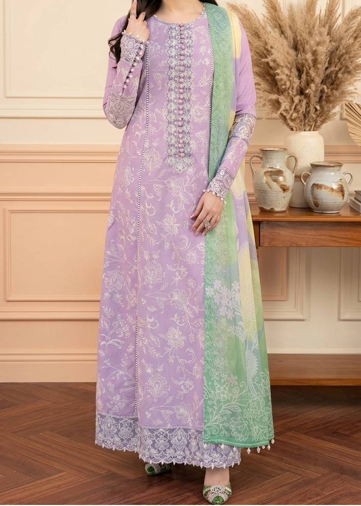 Grace W1043 - Embroidered 3pc Marina Dress With Printed Shawl.