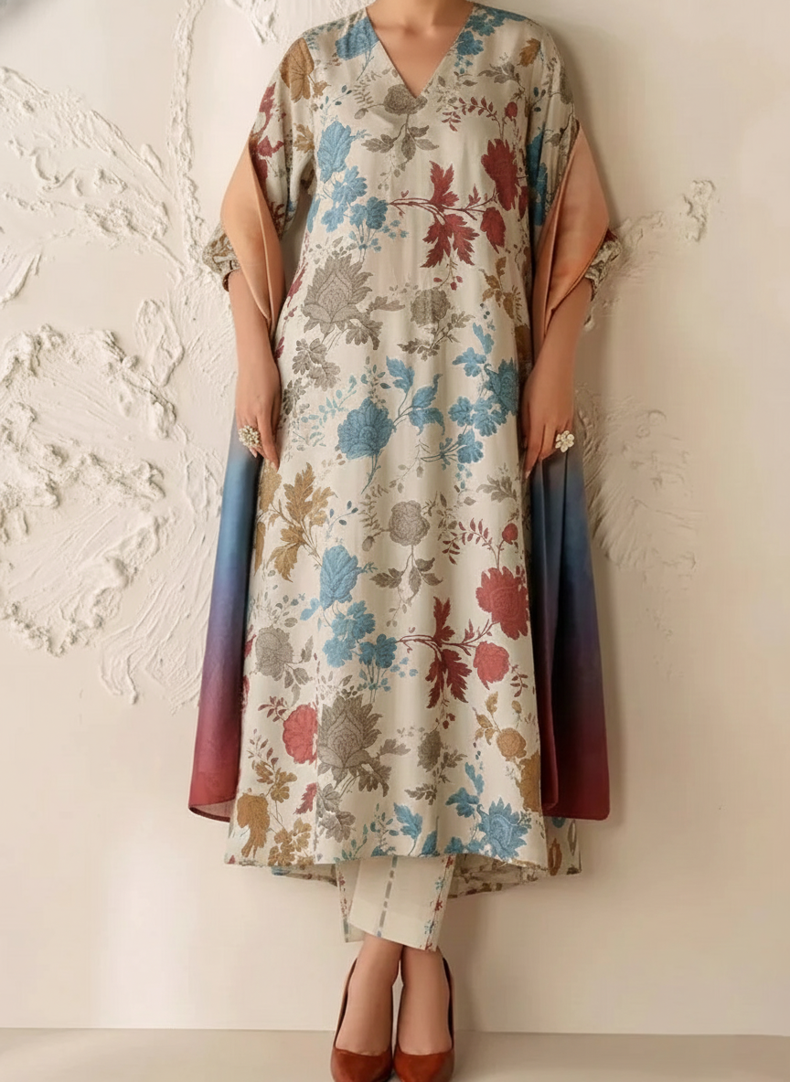 Grace Z-(W781 ) - Stitched Digital Printed 3pc Karandi Dress With Digital Printed Karandi Shawl.