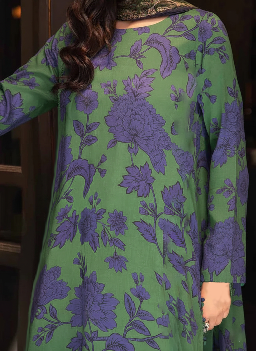 Grace W821 - Digital Printed 3pc Karandi Dress With Digital Printed Karandi Shawl.